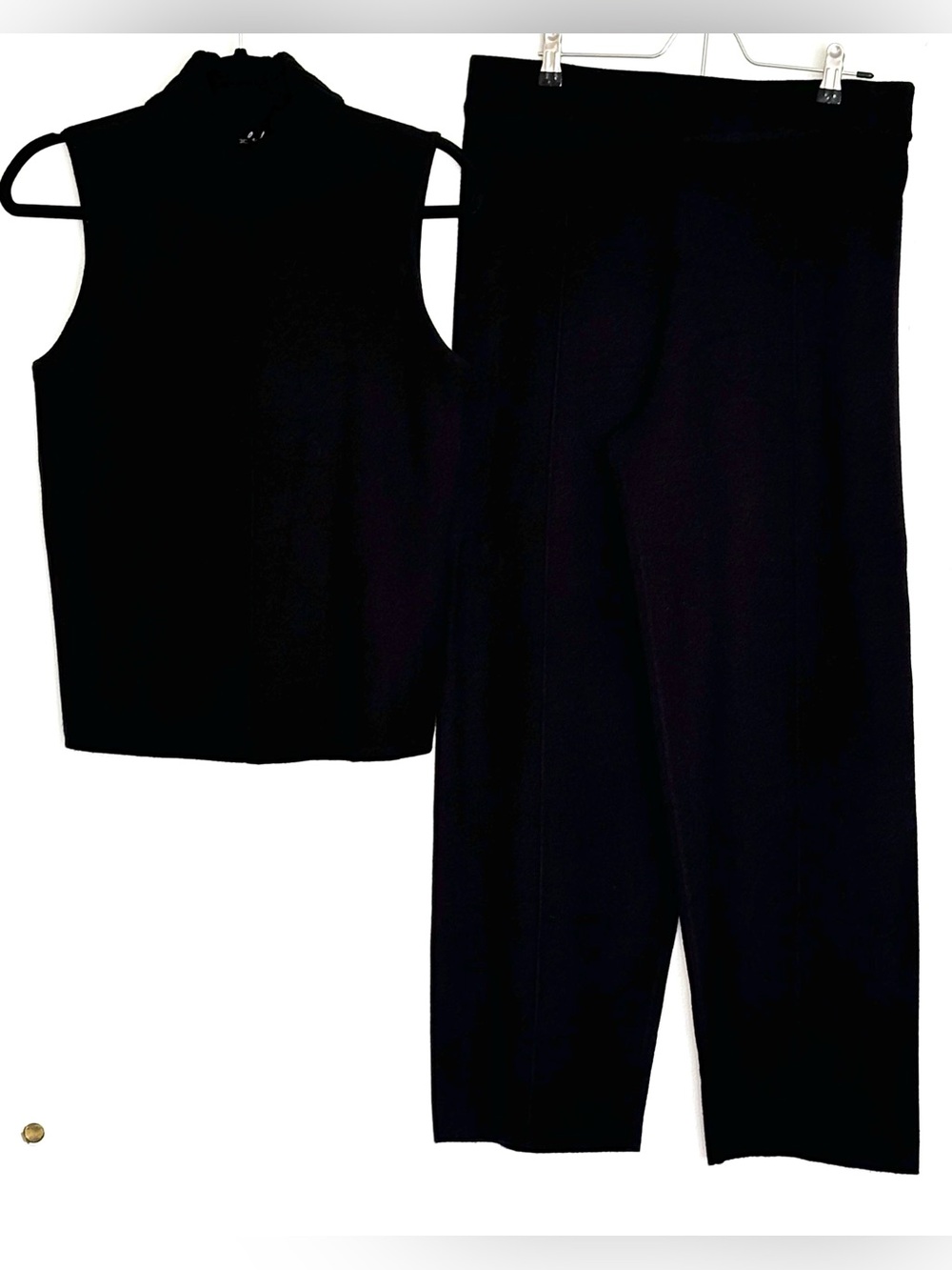 Marled 2-Piece Knit Set Sleeveless Mock Neck Top & Pants Black Size L
